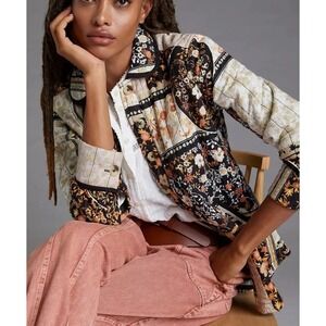 Anthropologie Patchwork Quilted Jacket Floral Boho Button Front Cream Black XL